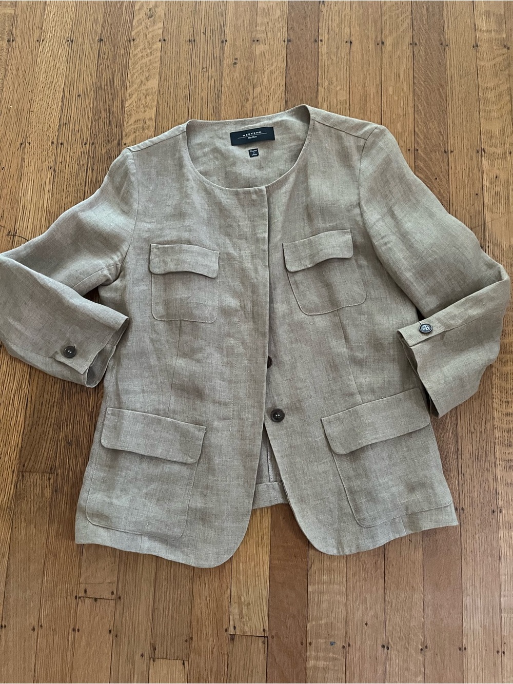 MaxMara Neutral Linen Collarless Blazer in Light Beige